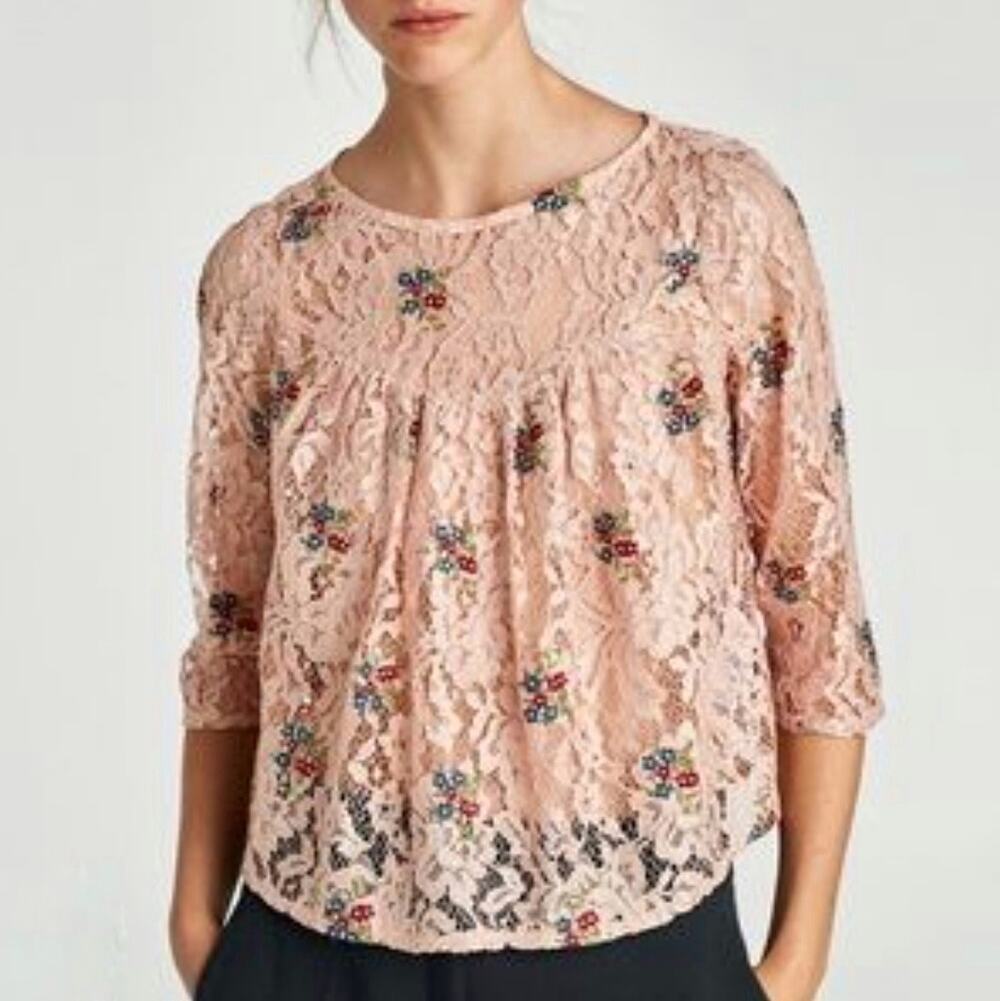 Zara Women's Rose Gold Dusty Pink Floral Lace Embroidered Cropped Blouse Medium